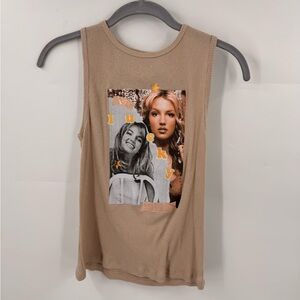 Britney Spears Y2K Lucky Graphic Ribbed Tank Top Tan Light Brown Womens Size XS